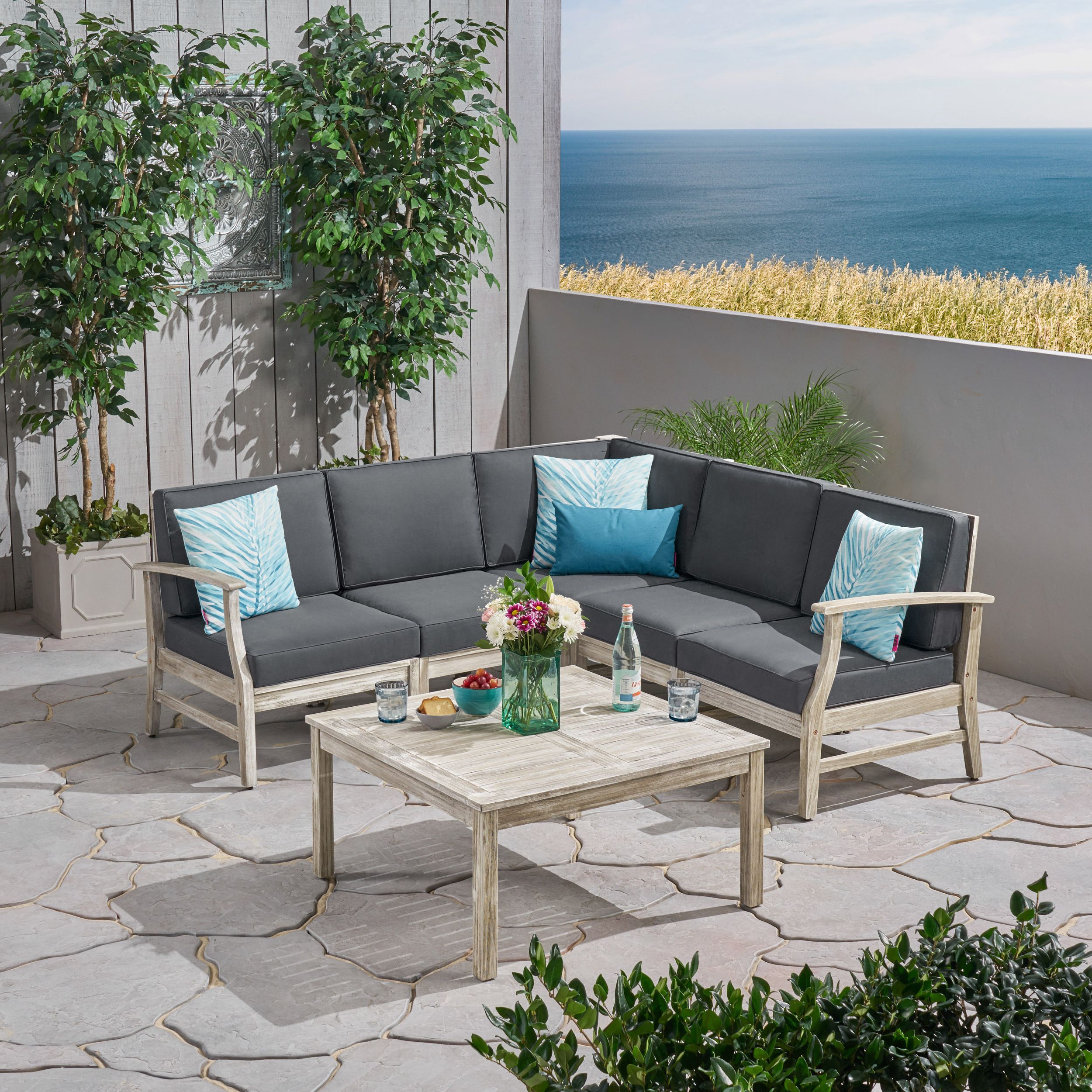 Most Current Gray Outdoor Table And Loveseat Sets Throughout Martina Outdoor 6 Piece Acacia Wood Sectional Sofa And Coffee Table Set (View 1 of 15)