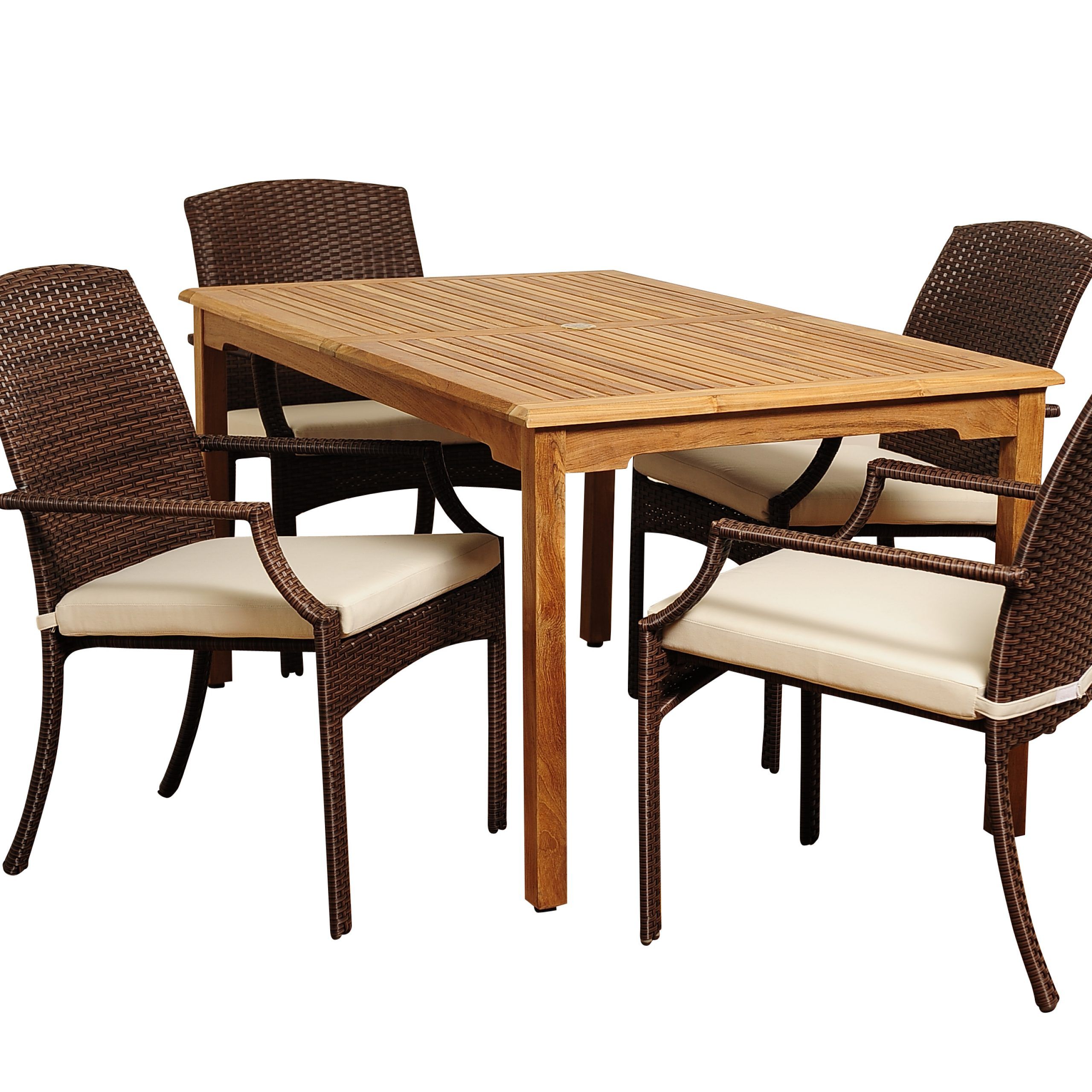 Most Current Off White Cushion Patio Dining Sets Within Vincenzo 5 Piece Teak/wicker Rectangular Dining Set With Off White (View 1 of 15)