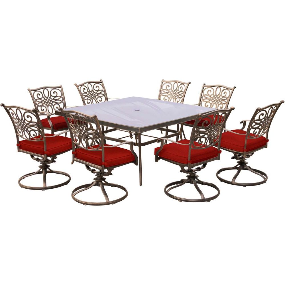 Most Current Red Metal Outdoor Table And Chairs Sets For Hanover Traditions 9 Piece Aluminum Outdoor Dining Set With Square (View 9 of 15)