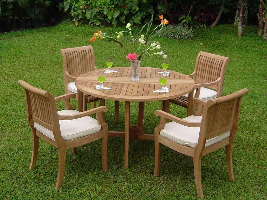 Most Current Teak Armchair Round Patio Dining Sets Throughout Giva 5 Pc Outdoor Teak Dining Patio: 48" Butterfly Round Table,  (View 15 of 15)