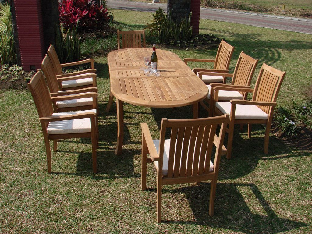 Most Current Teak Dining Set:8 Seater 9 Pc – 94" Oval Table And 8 Cahyo Stacking Arm Intended For Teak Wood Outdoor Table And Chairs Sets (View 4 of 15)
