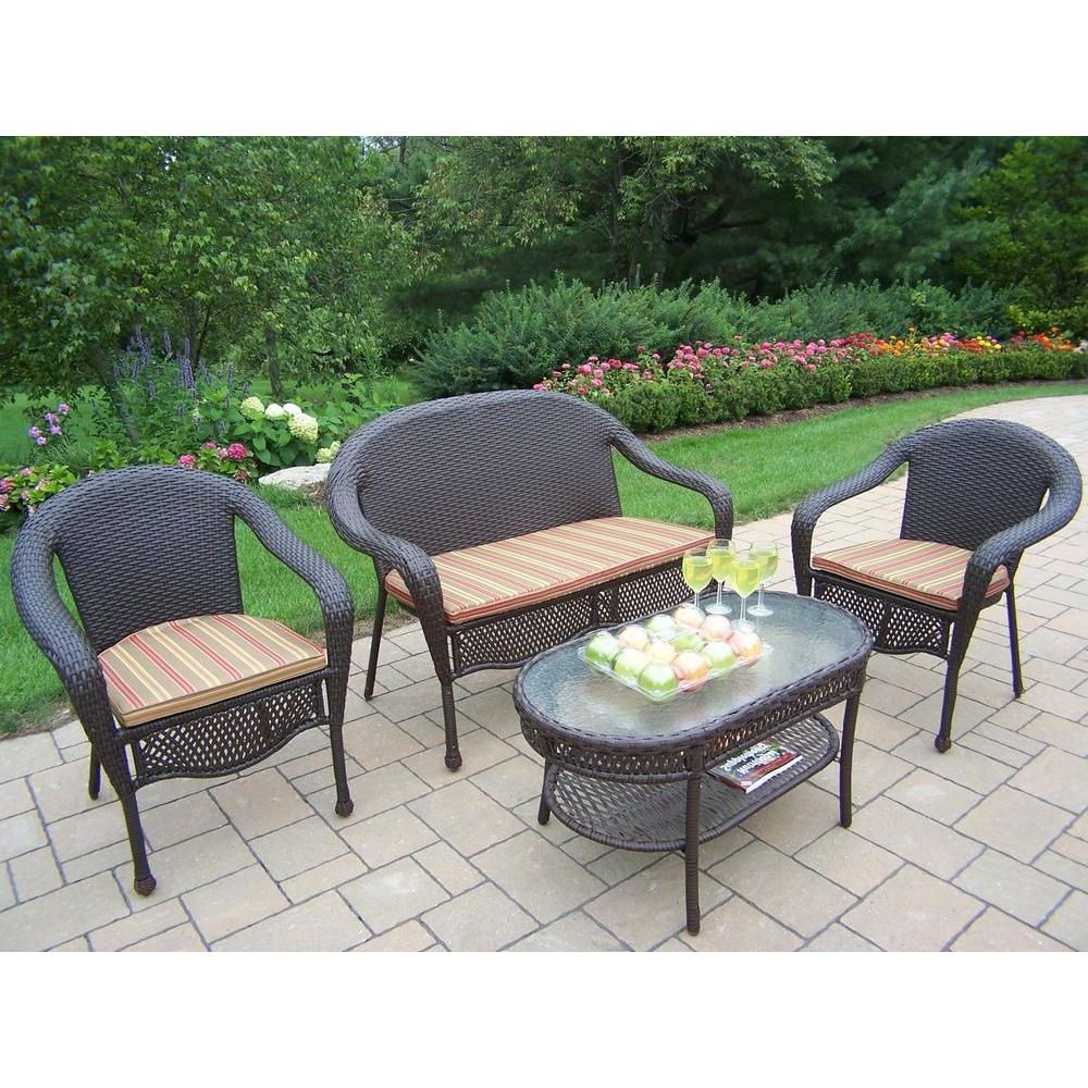 Most Popular 4 Piece Outdoor Seating Patio Sets Intended For Oakland Living Elite Resin Wicker 4 Piece Patio Seating Set With (View 15 of 15)