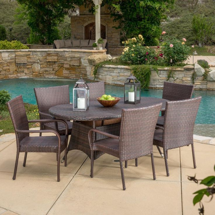 Most Popular Brown Wicker Rectangular Patio Dining Sets Within Noble House Blakely Multi Brown 7 Piece Wicker Outdoor Dining Set  (View 6 of 15)
