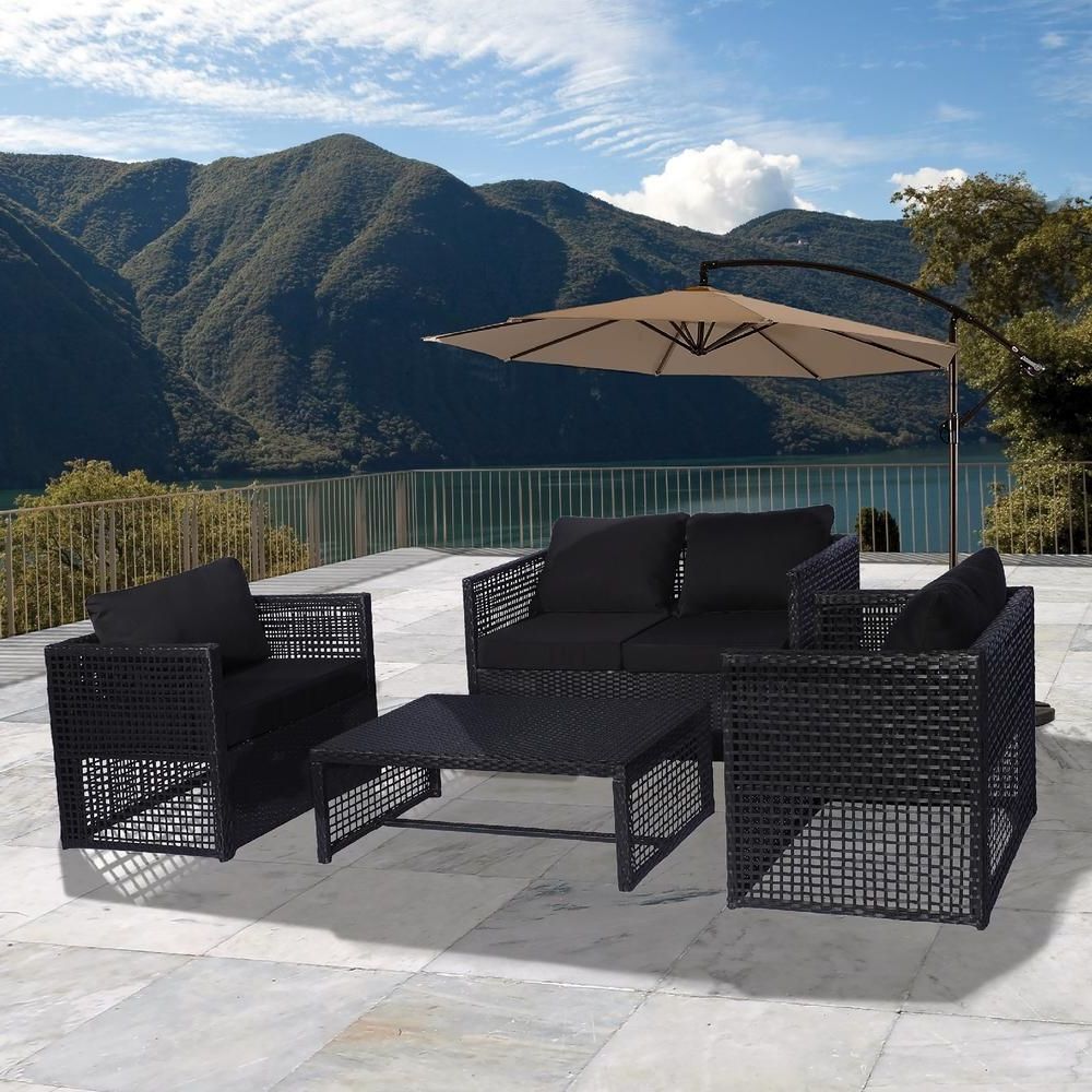 Most Popular Dark Brown Patio Chairs With Cushions With Westin Outdoor Leah 4 Piece Wicker Patio Conversation Set With Black (View 13 of 15)
