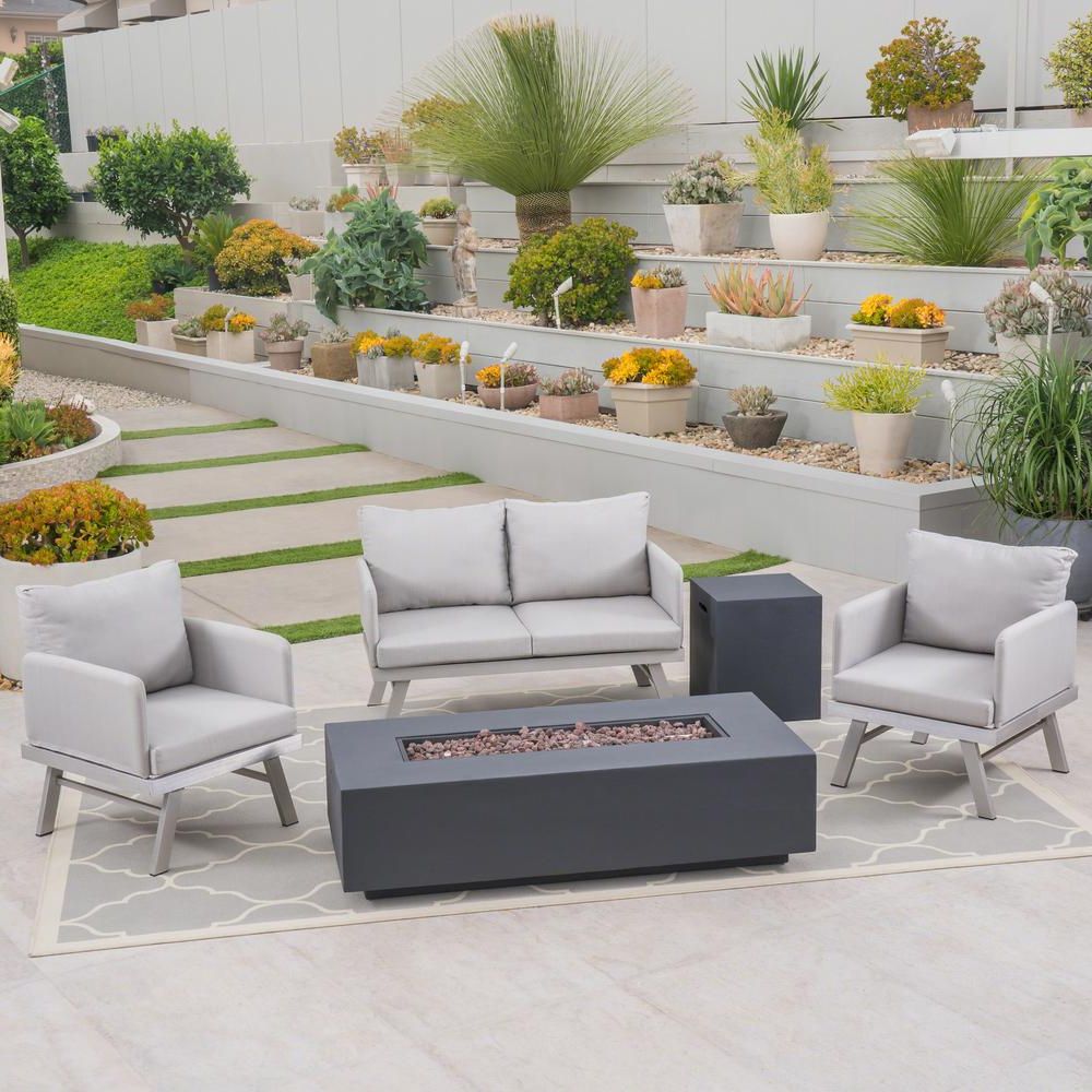 Most Popular Noble House Cosima Silver 5 Piece Aluminum Patio Fire Pit Seating Set Regarding 5 Piece 5 Seat Outdoor Patio Sets (View 1 of 15)