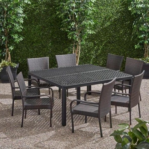 Most Popular Wicker Square 9 Piece Patio Dining Sets With Noble House Bullpond Matte Black 9 Piece Aluminum And Wicker Square (View 13 of 15)