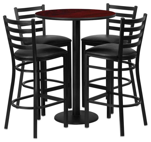 Most Recent 30'' Round Mahogany Table Set With 4 Ladder Back Bar Stools – Black Intended For Bar Tables With 4 Counter Stools (View 1 of 15)