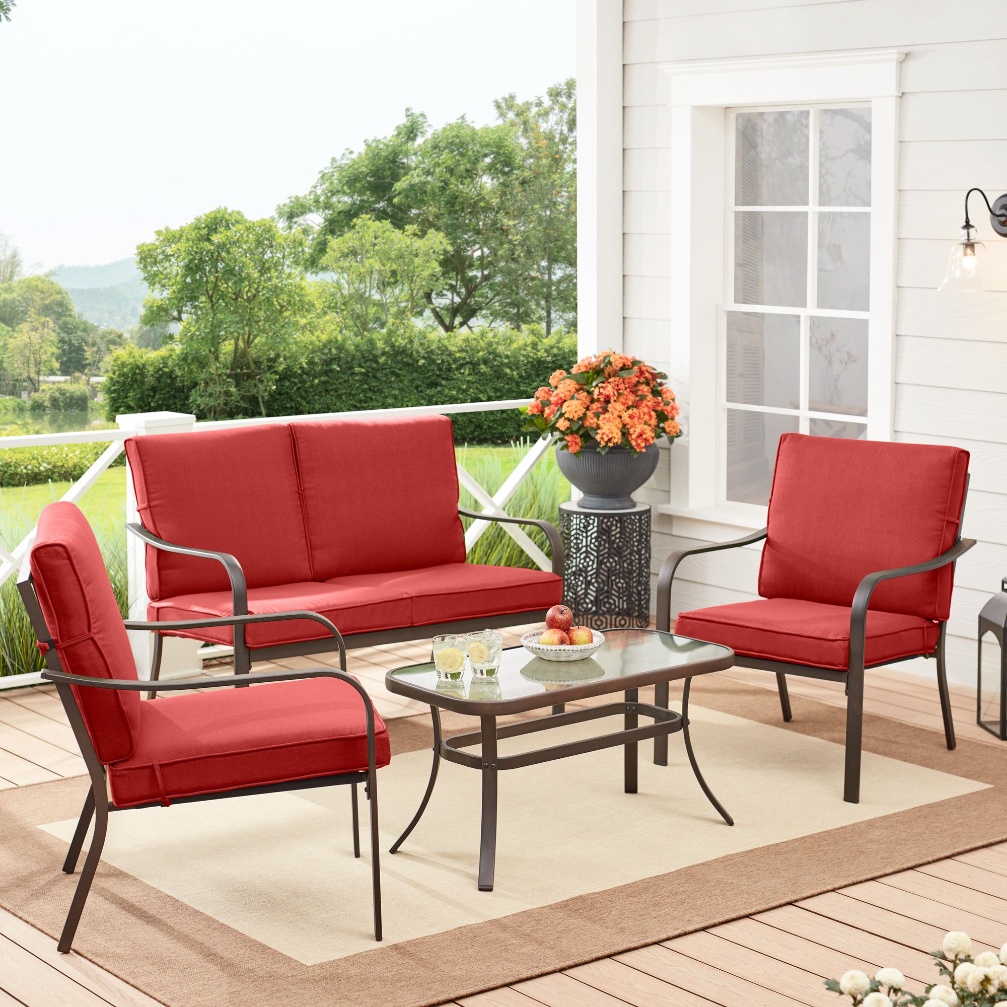 Most Recent 4 Piece Gray Outdoor Patio Seating Sets Throughout Mainstays Stanton 4 Piece Outdoor Patio Conversation Set, Red – Walmart (View 9 of 15)