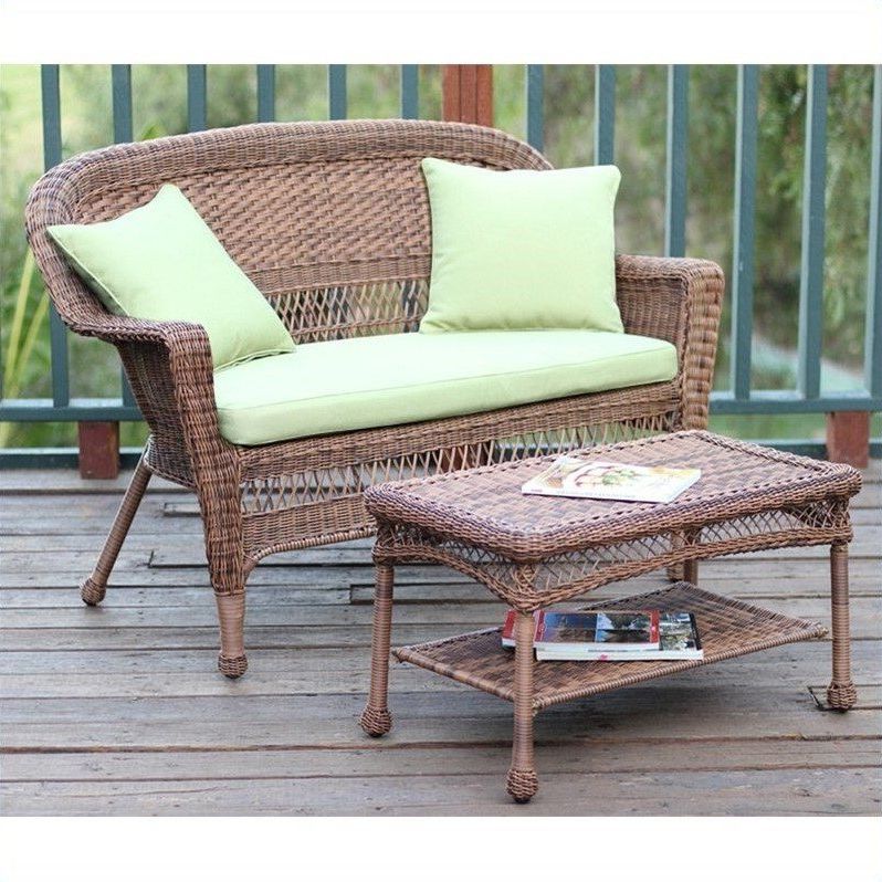 Most Recent Beige Wicker And Green Fabric Patio Bistro Sets With Regard To Jeco Wicker Patio Love Seat And Coffee Table Set In Honey With Green (View 2 of 15)