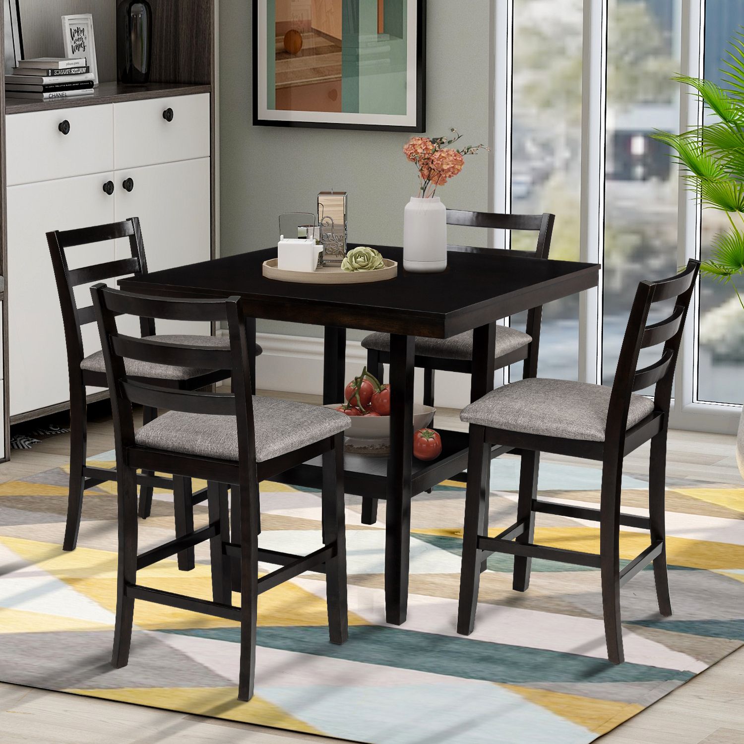 Most Recent Euroco 5 Piece Counter Height Dining Set, Wooden Dining Set With Padded Throughout Wood Bistro Table And Chairs Sets (View 7 of 15)