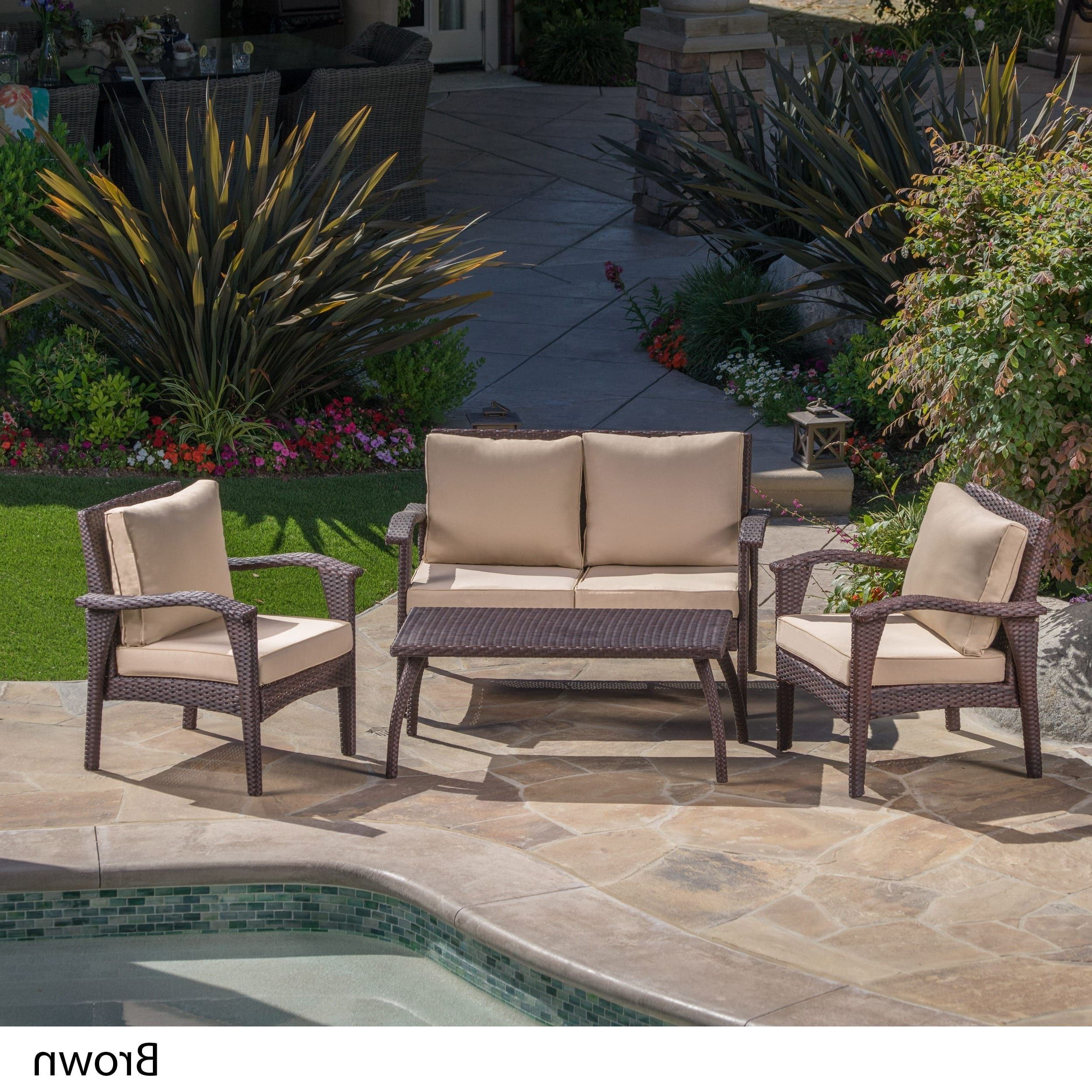 Most Recent Honolulu Outdoor 4 Piece Cushioned Wicker Seating Setchristopher Within Brown Fabric Outdoor Patio Bar Chairs Sets (View 10 of 15)