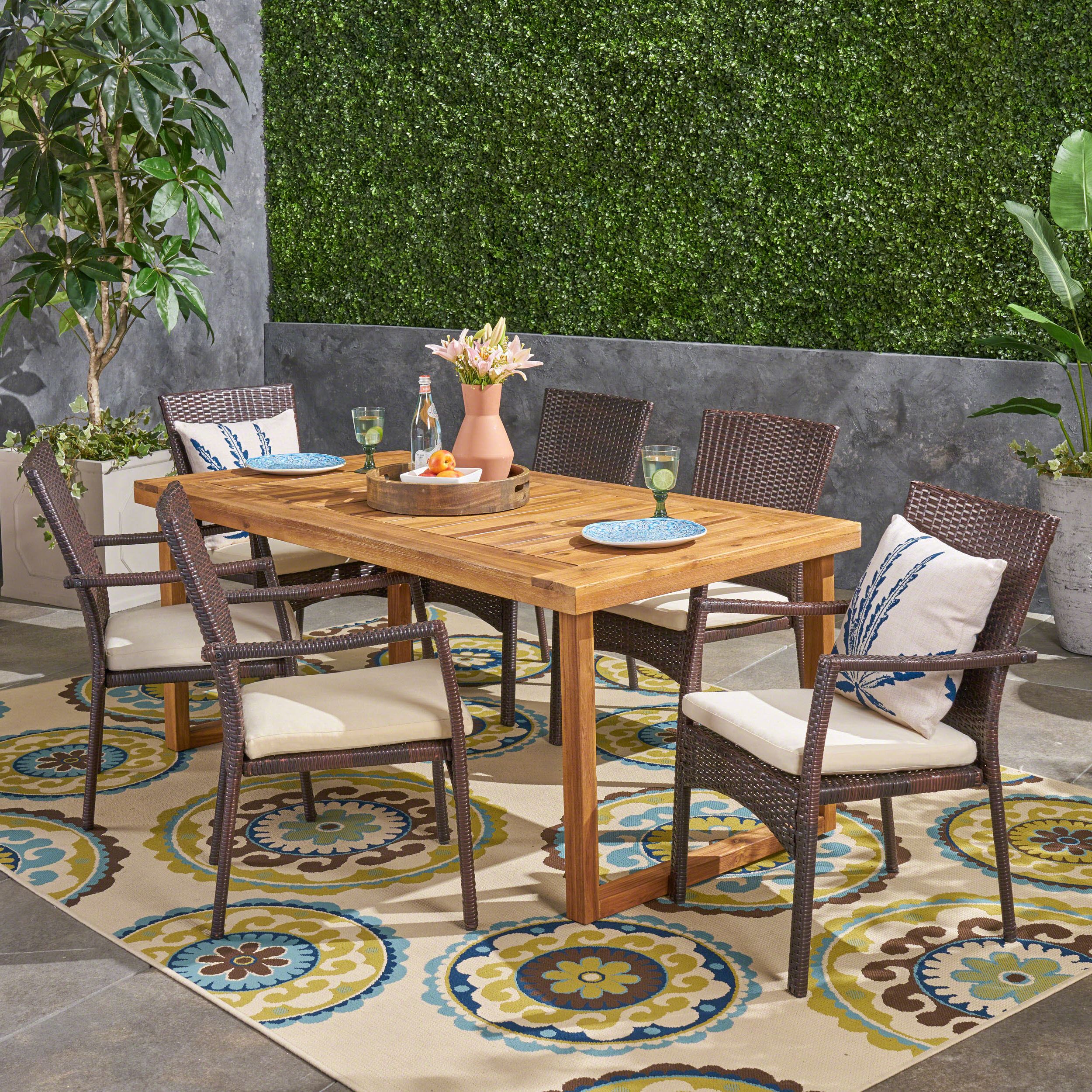 Most Recent Lily Outdoor 7 Piece Acacia Wood Dining Set With Wicker Chairs And Throughout Natural Woven Outdoor Chairs Sets (View 1 of 15)