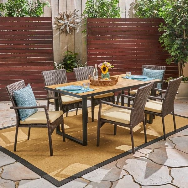 Most Recent Powell Outdoor 6 Seater Rectangular Acacia Wood And Wicker Dining Set Pertaining To Wood Rectangular Outdoor Dining Sets (View 6 of 15)