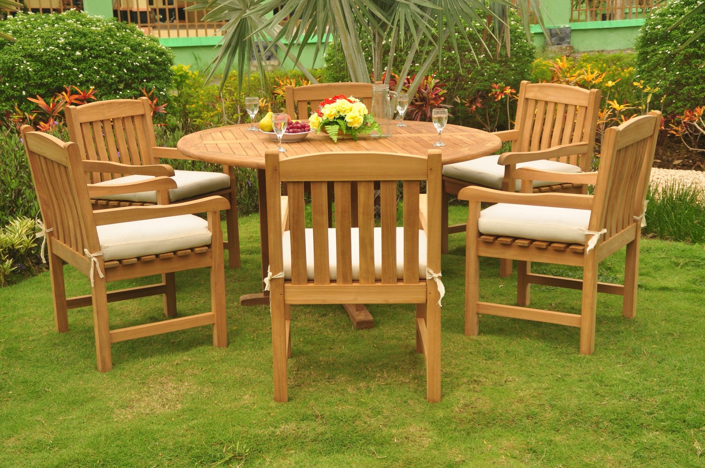 Most Recent Teak Dining Set: 6 Seater 7 Pc: 60" Round Dining Table And 6 Devon Arm Regarding Teak Armchair Round Patio Dining Sets (View 1 of 15)