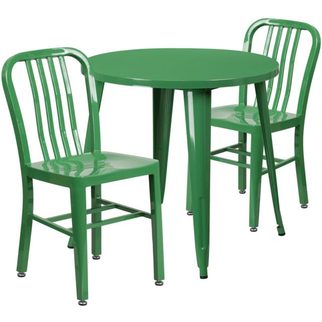 Most Recently Released 30'' Round Green Metal Indoor Outdoor Restaurant Table Set W/ 2 Slat Pertaining To Green Steel Indoor Outdoor Armchair Sets (View 7 of 15)
