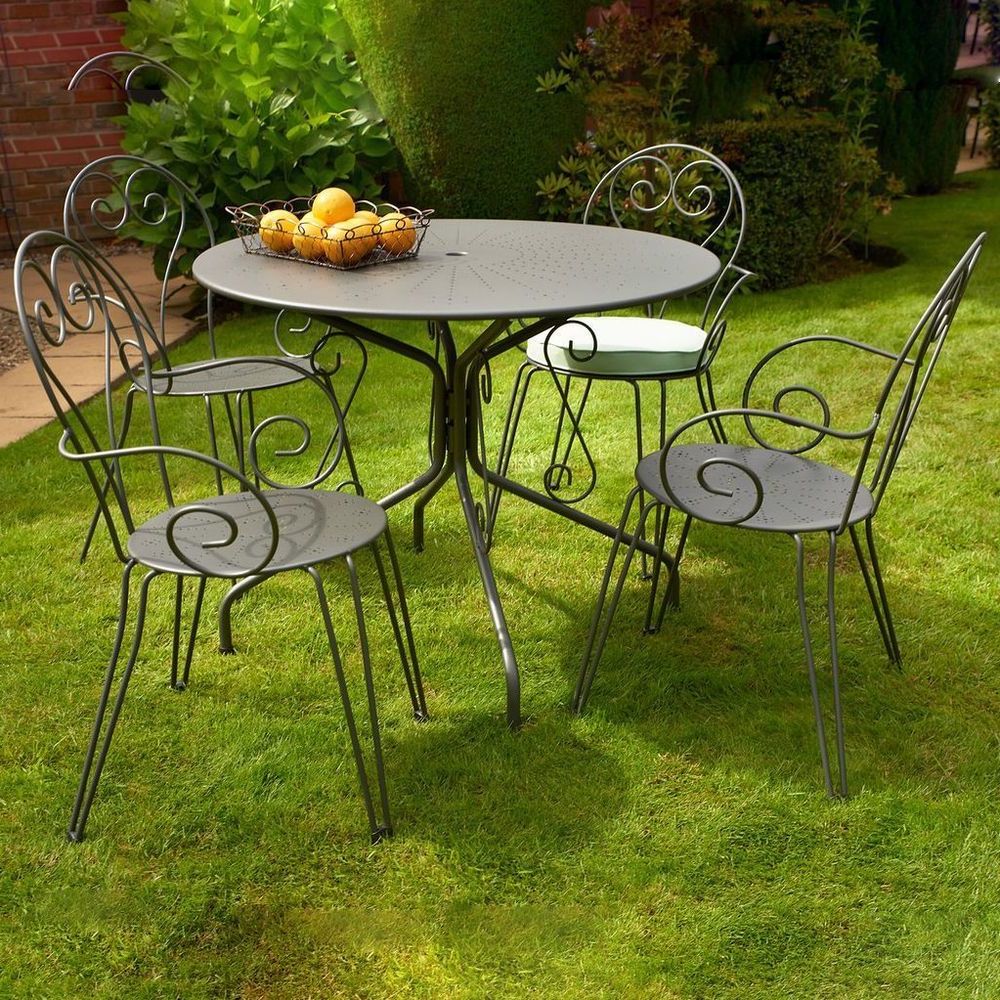 Most Recently Released Green Outdoor Seating Patio Sets With Regard To 4 Seater Outdoor Dining Set Grey Metal Steel Round Table Lawn Garden (View 5 of 15)