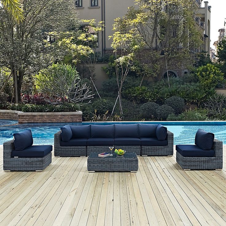 Most Recently Released Navy Outdoor Seating Sectional Patio Sets Intended For Modway Summon 7 Piece Outdoor Wicker Sectional Set In Navy Sunbrella (View 14 of 15)