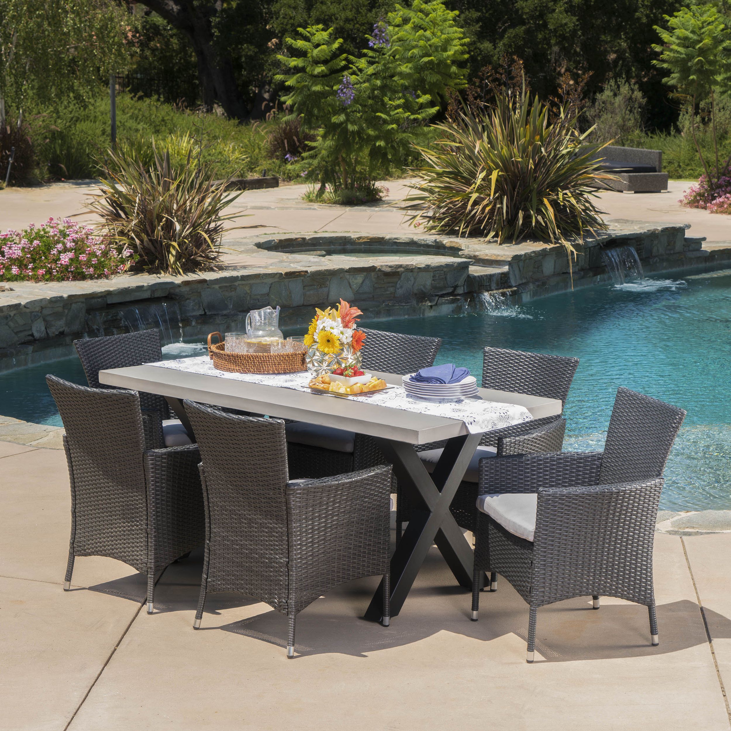 Most Recently Released Rectangular 7 Piece Patio Dining Sets Intended For Shiloh Outdoor 7 Piece Dining Set With Concrete Rectangular Table And (View 5 of 15)