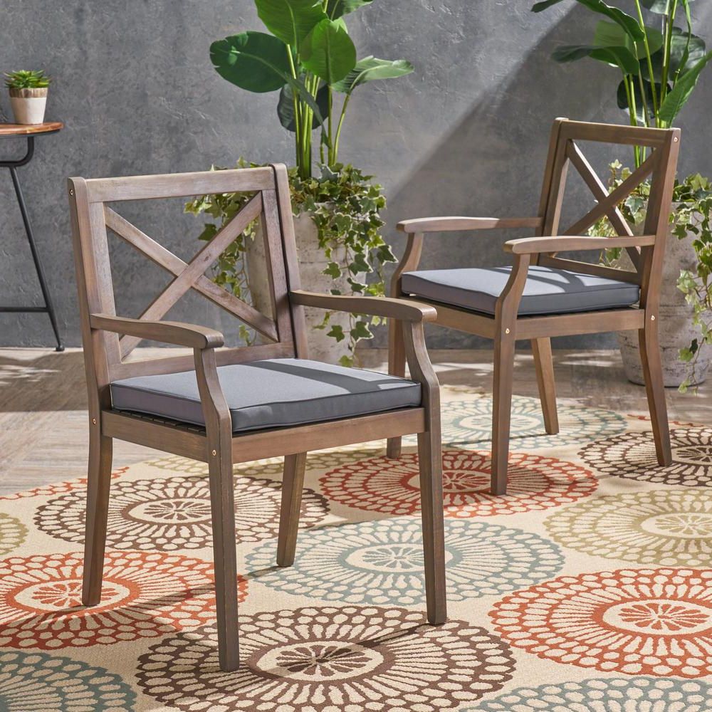 Most Recently Released Wood Outdoor Armchair Sets With Regard To Noble House Perla Gray Cross Back Wood Outdoor Dining Chairs With Gray (View 11 of 15)
