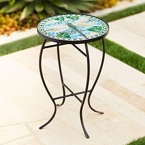 Most Up To Date Blue Mosaic Black Iron Outdoor Accent Tables Intended For Best Seller Teal Island Designs Dragonfly Mosaic Black Iron Outdoor (View 4 of 15)