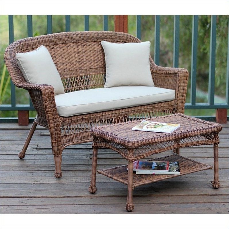Most Up To Date Jeco Wicker Patio Love Seat And Coffee Table Set In Honey With Tan With Regard To Beige Wicker And Green Fabric Patio Bistro Sets (View 4 of 15)