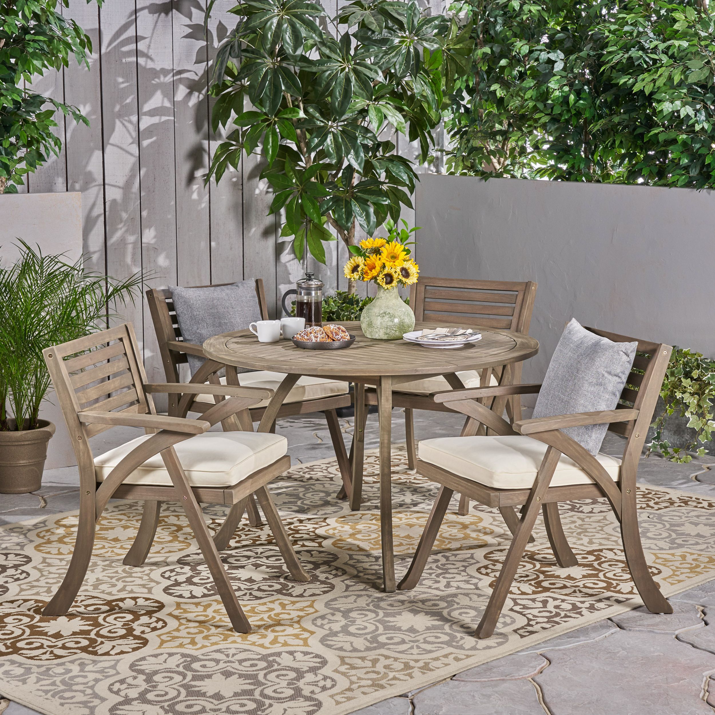 Most Up To Date Jordy Outdoor 5 Piece Acacia Wood Dining Set With Round Table, Gray With 5 Piece Outdoor Bench Dining Sets (View 3 of 15)