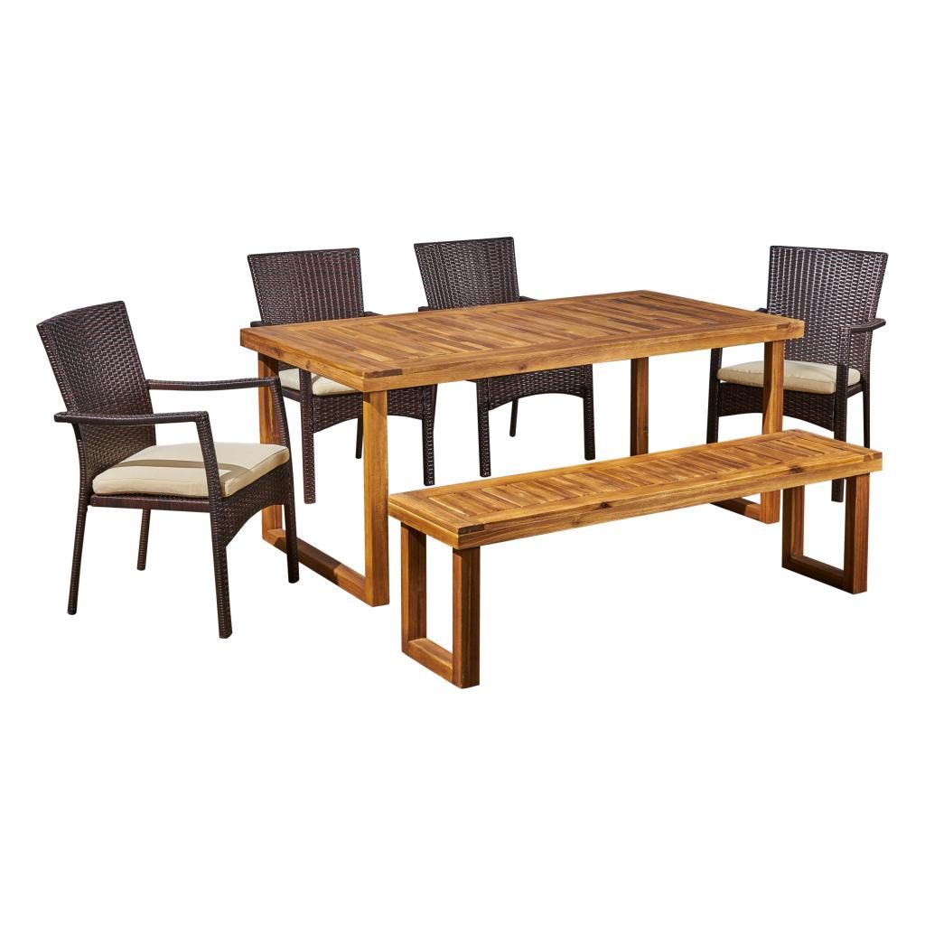 Most Up To Date Lily Outdoor 6 Piece Acacia Wood Dining Set With Bench And Wicker With Regard To Brown Acacia 6 Piece Patio Dining Sets (View 9 of 15)