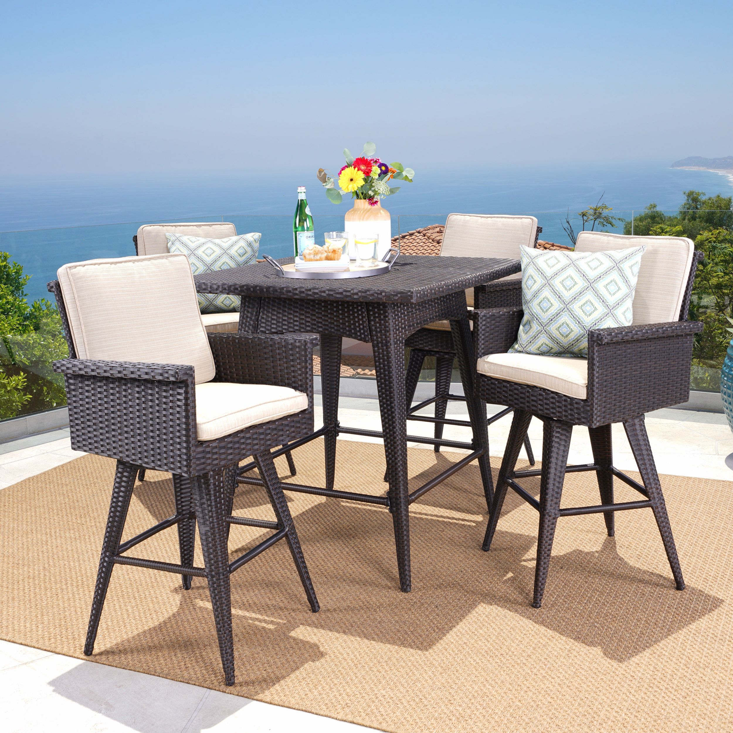 Most Up To Date Marianne Outdoor 5 Piece Wicker Bar Height Dining Set With Sunbrella Regarding 5 Piece Outdoor Bar Tables (View 1 of 15)