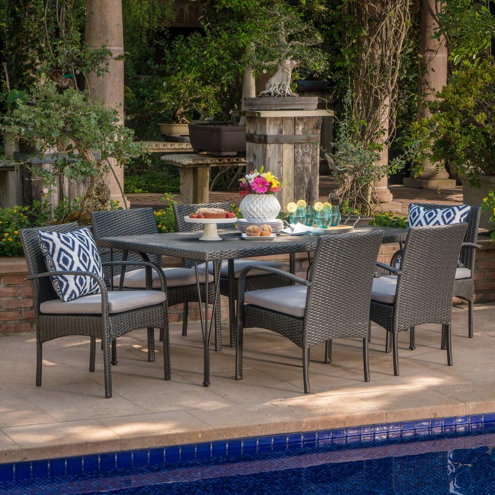 Most Up To Date Noble House Joyce Grey 7 Piece Wicker Outdoor Dining Set With Grey In Gray All Weather Outdoor Seating Patio Sets (View 13 of 15)