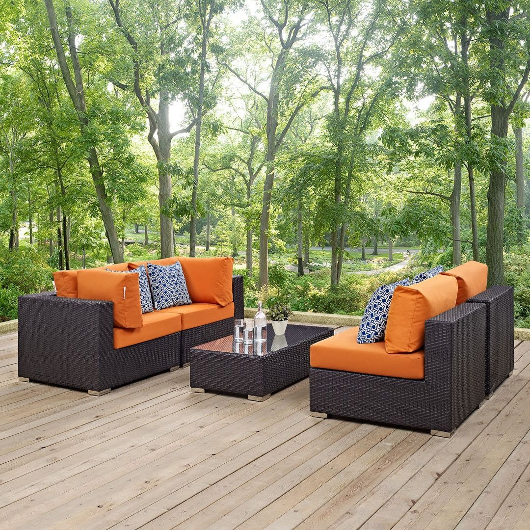 Most Up To Date Outdoor Wicker Orange Cushion Patio Sets Regarding Modway Convene 5 Piece Outdoor Patio Wicker Rattan Sectional Set In (View 11 of 15)