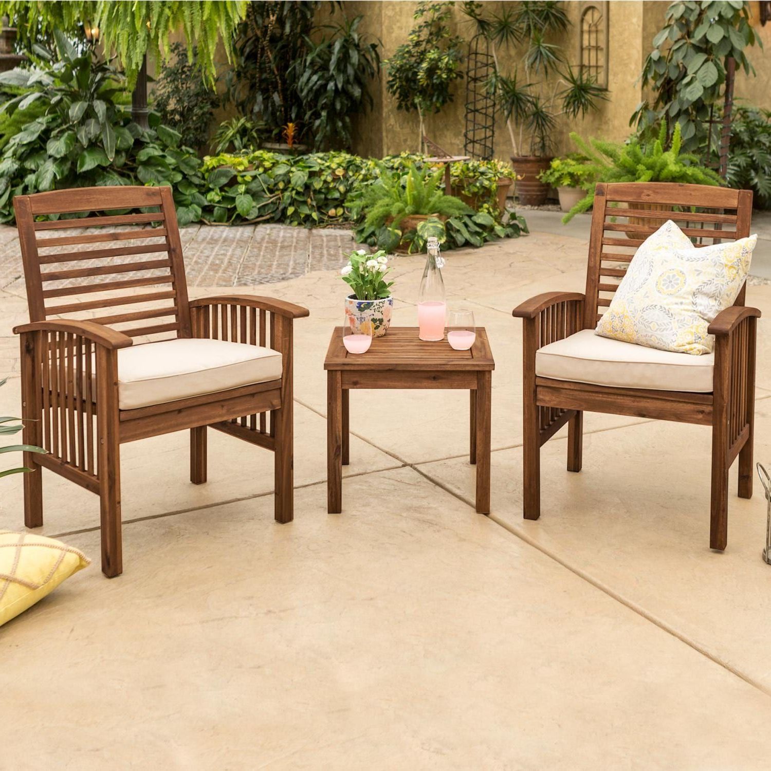 Most Up To Date Walker Edison Midland 3 Piece Dark Brown Acacia Patio Conversation Set For Brown Acacia Patio Chairs With Cushions (View 4 of 15)
