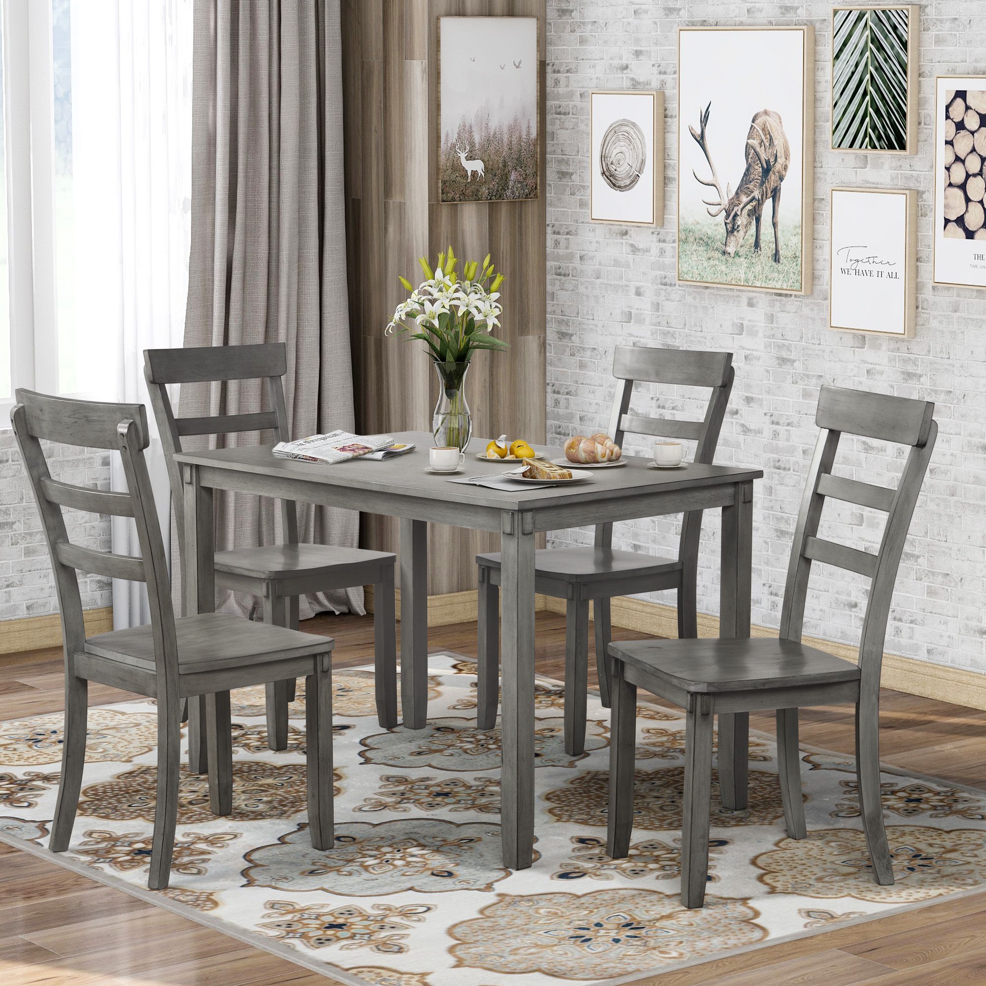 Most Up To Date Wood Bistro Table And Chairs Sets Pertaining To Dining Table Set With Table And 4 Chairs, 5 Piece Rectangular Family (View 6 of 15)