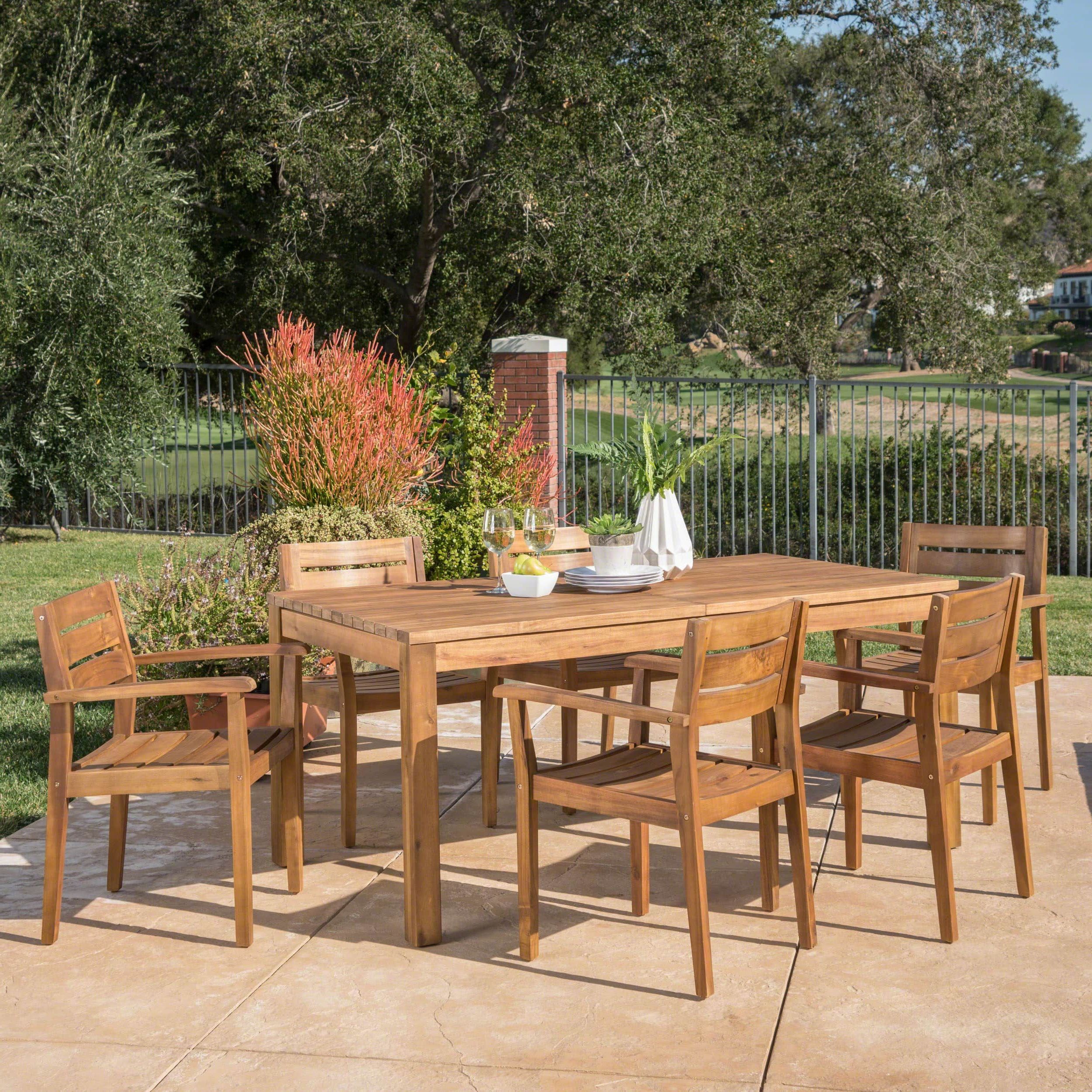 Natural Acacia Wood Bistro Dining Sets For Latest Wilson Outdoor Wood Expandable Rectangle Dining Setchristopher (View 15 of 15)
