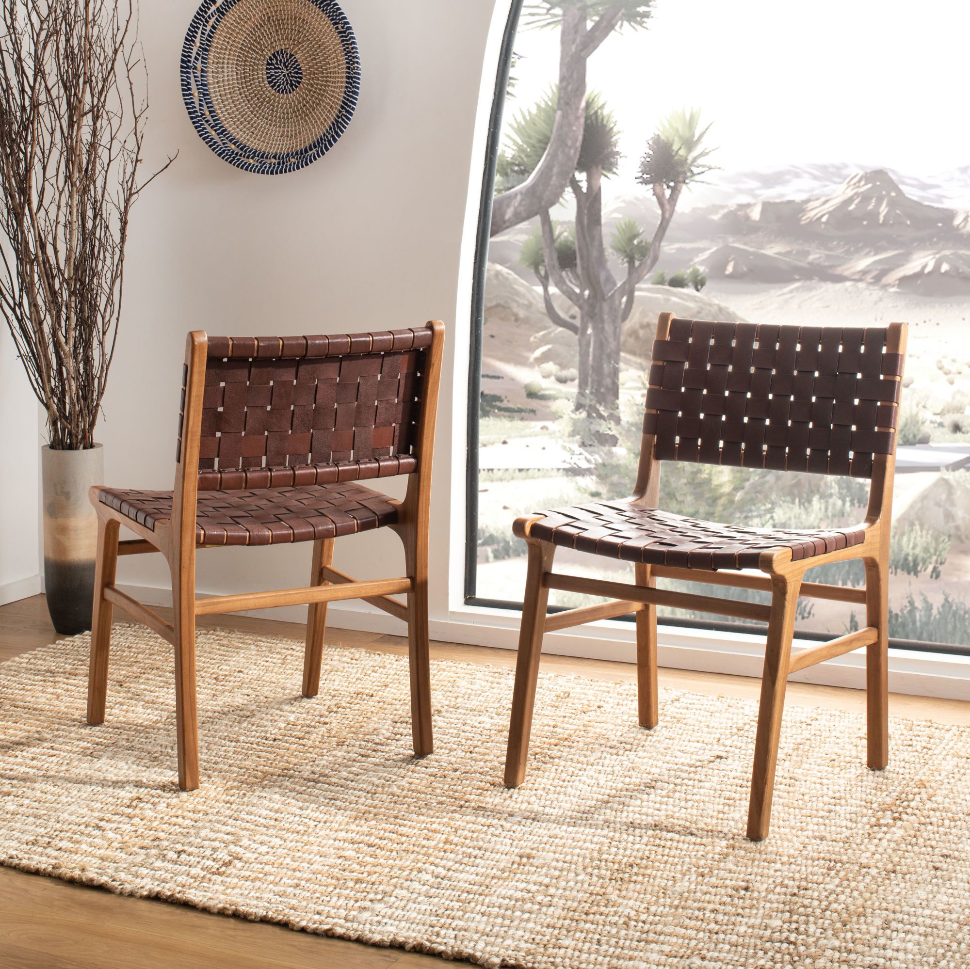 Natural Woven Modern Outdoor Chairs Sets Inside 2019 Taika Woven Leather Dining Chair 2 Set (View 2 of 15)
