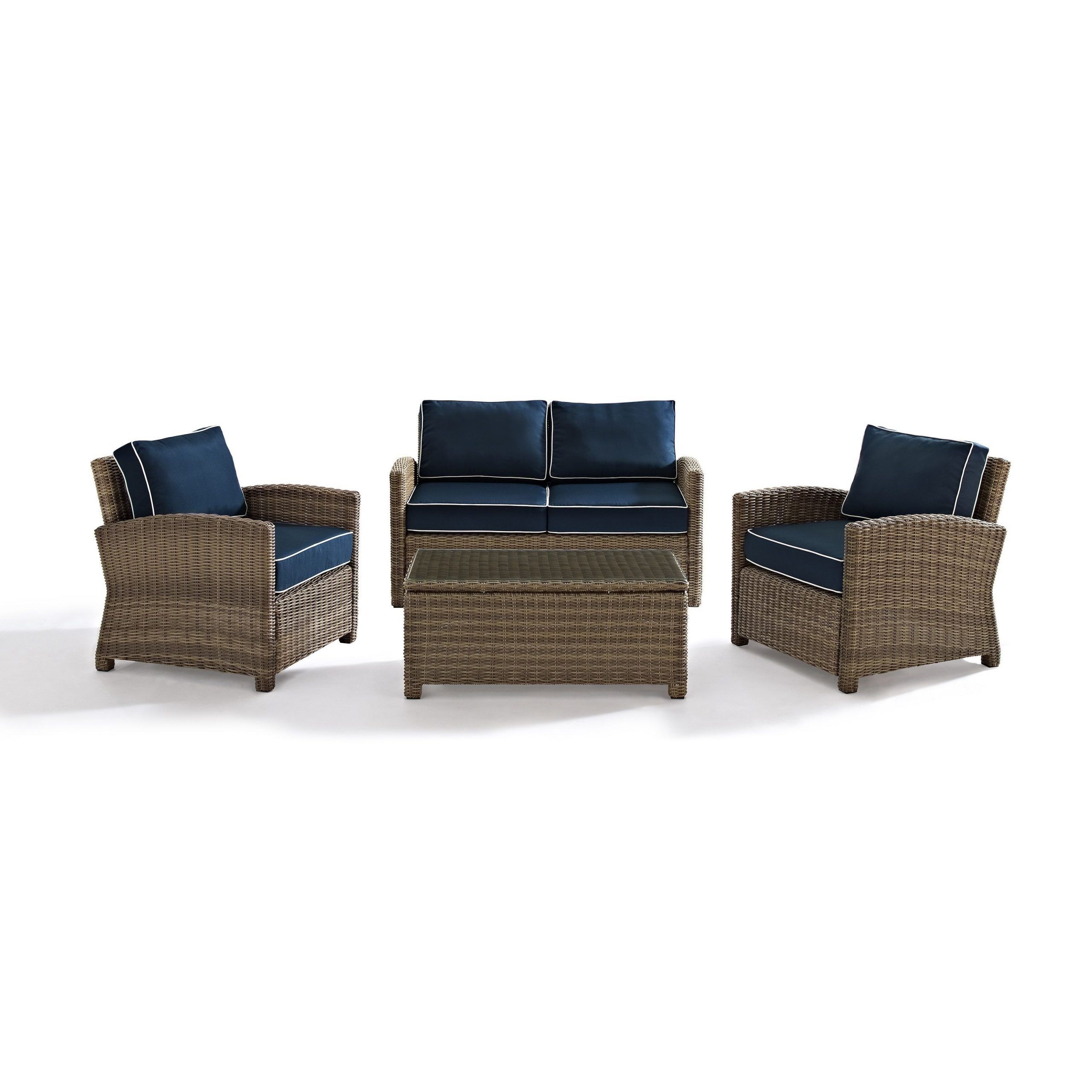 Navy Outdoor Seating Sectional Patio Sets Intended For Popular Bradenton Outdoor Wicker 4 Piece Seating Set With Navy Cushions (brown (View 6 of 15)