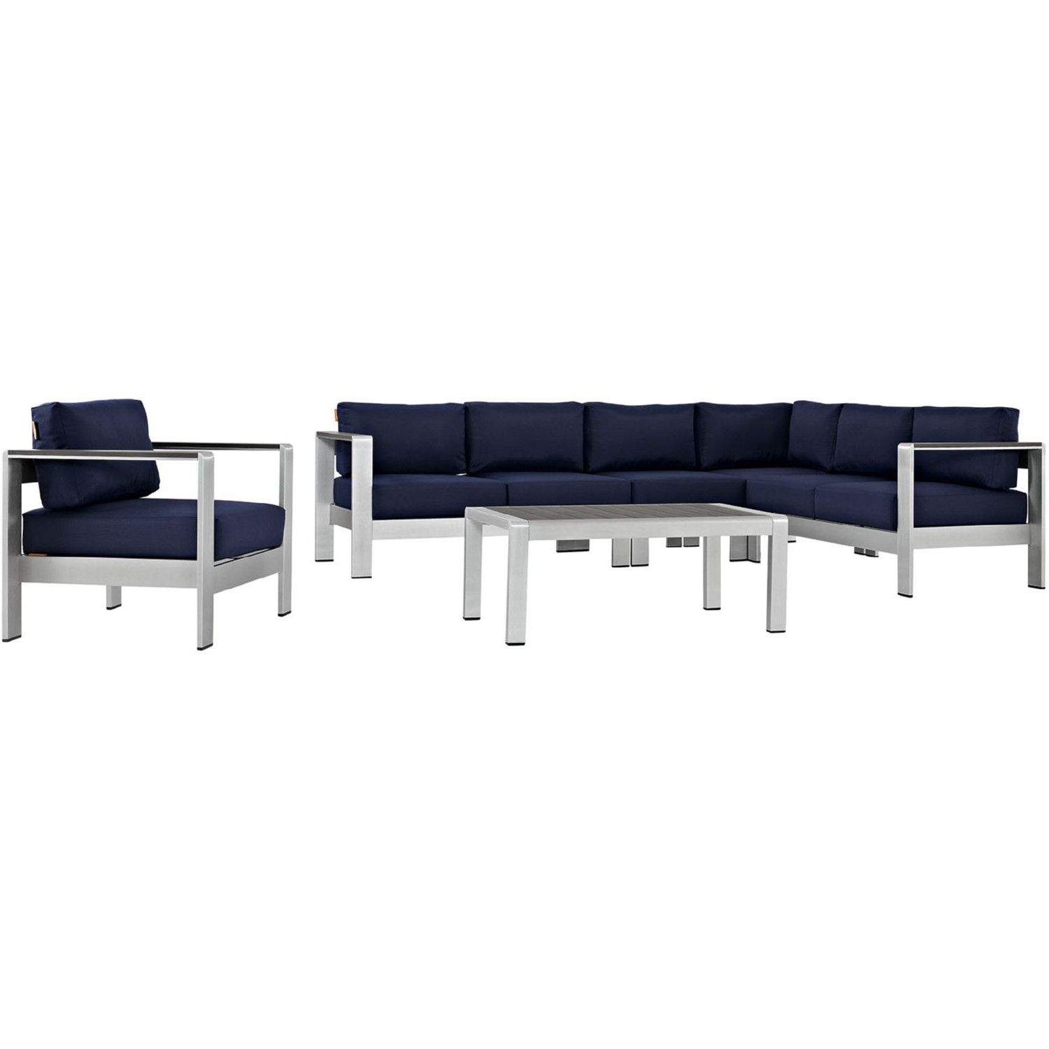 Navy Outdoor Seating Sectional Patio Sets Pertaining To Popular Modway Eei 2558 Slv Nav Shore 6 Piece Outdoor Patio Aluminum Sectional (View 9 of 15)