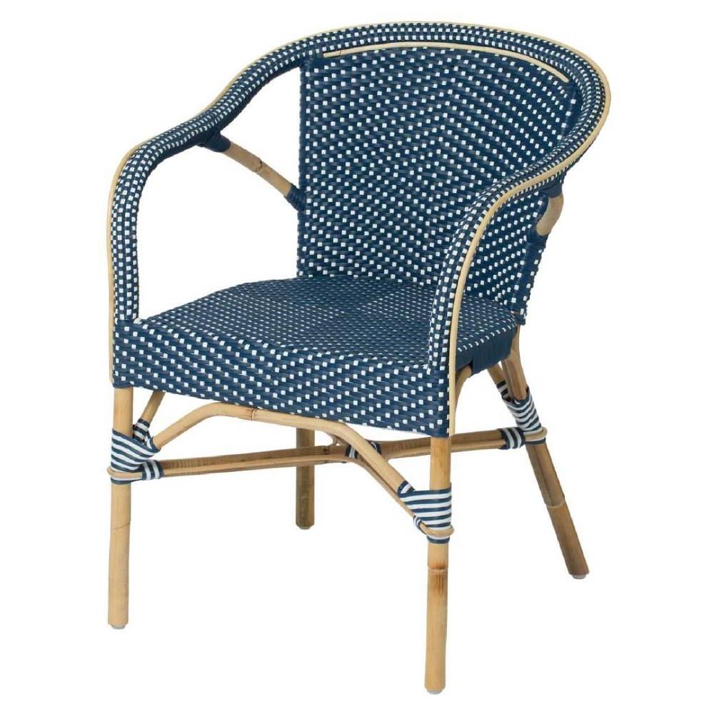 Navy Outdoor Seating Sets In 2020 Clara Coastal Beach Navy Blue White Dotted Woven Rattan Outdoor Arm Chair (View 7 of 15)