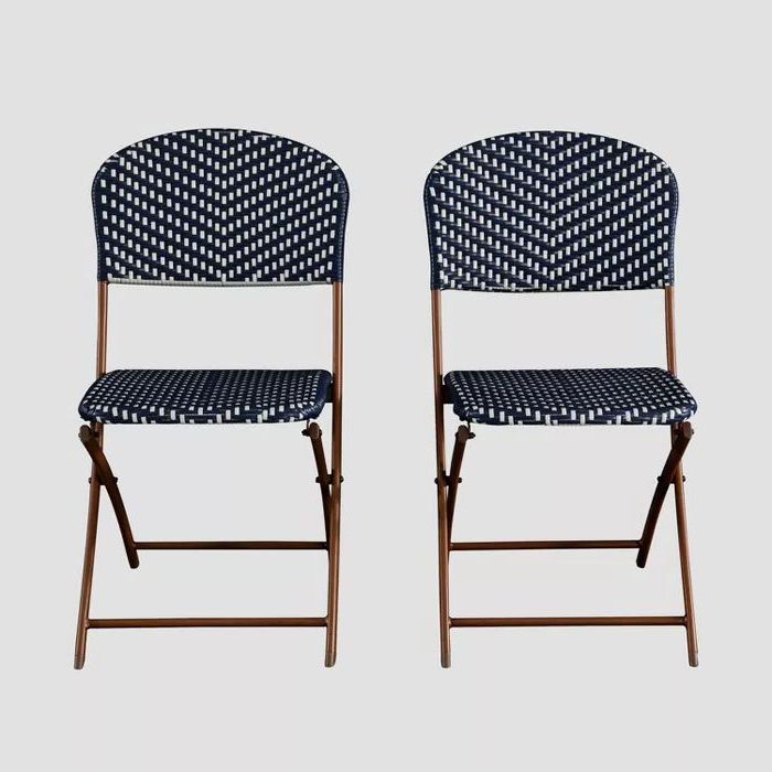 Navy Outdoor Seating Sets Inside 2019 French Café Wicker Folding Patio Bistro Chair – Navy/white – Threshold (View 14 of 15)