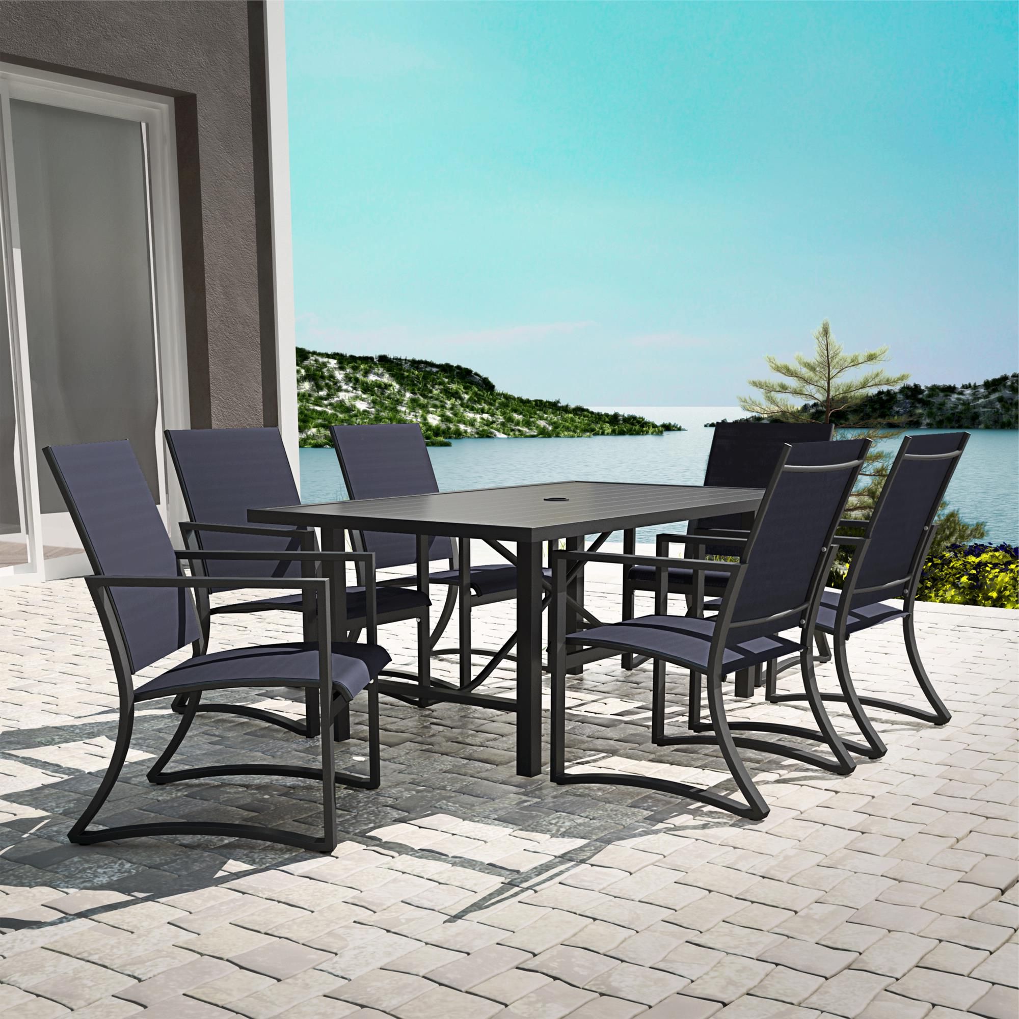 Navy Outdoor Seating Sets Pertaining To Current Cosco Outdoor Furniture, 7 Piece Patio Dining Set, Steel, Navy Sling (View 11 of 15)