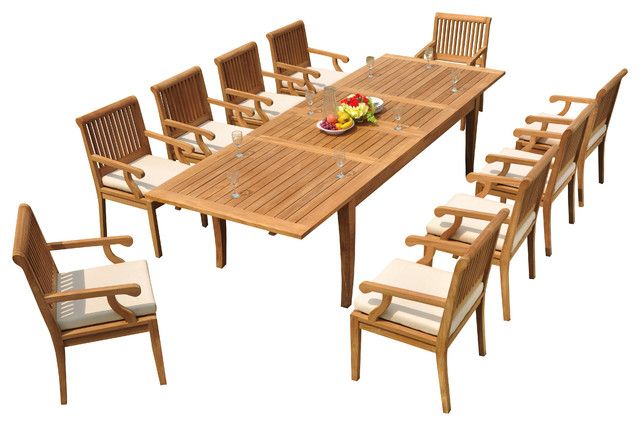 Newest 11 Piece Patio Teak Dining Set: 122" X Large Rectangle Table, 10 Sack Regarding 11  Piece Teak Outdoor Dining Set (View 14 of 15)
