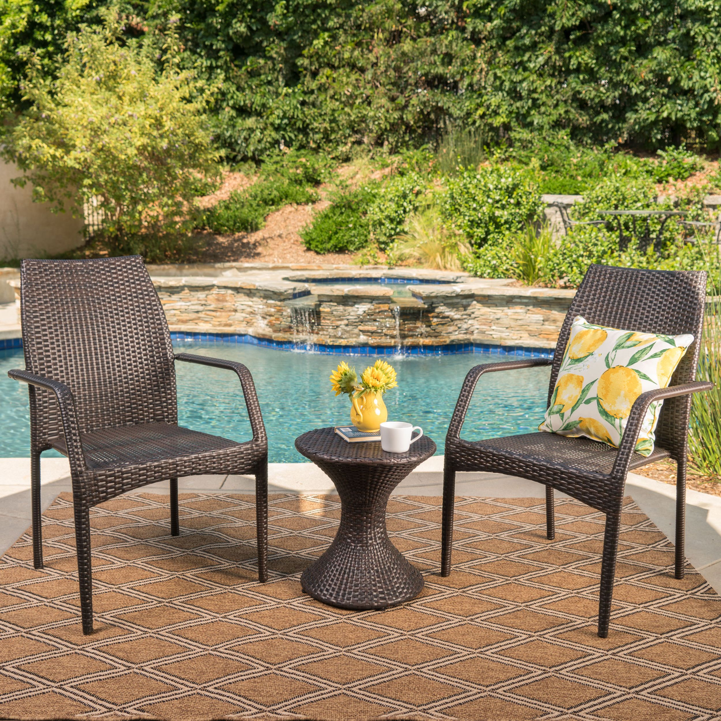 Newest 3 Piece Outdoor Table And Chair Sets Pertaining To Landsbury Outdoor 3 Piece Wicker Chat Set With Stacking Chairs And (View 1 of 15)
