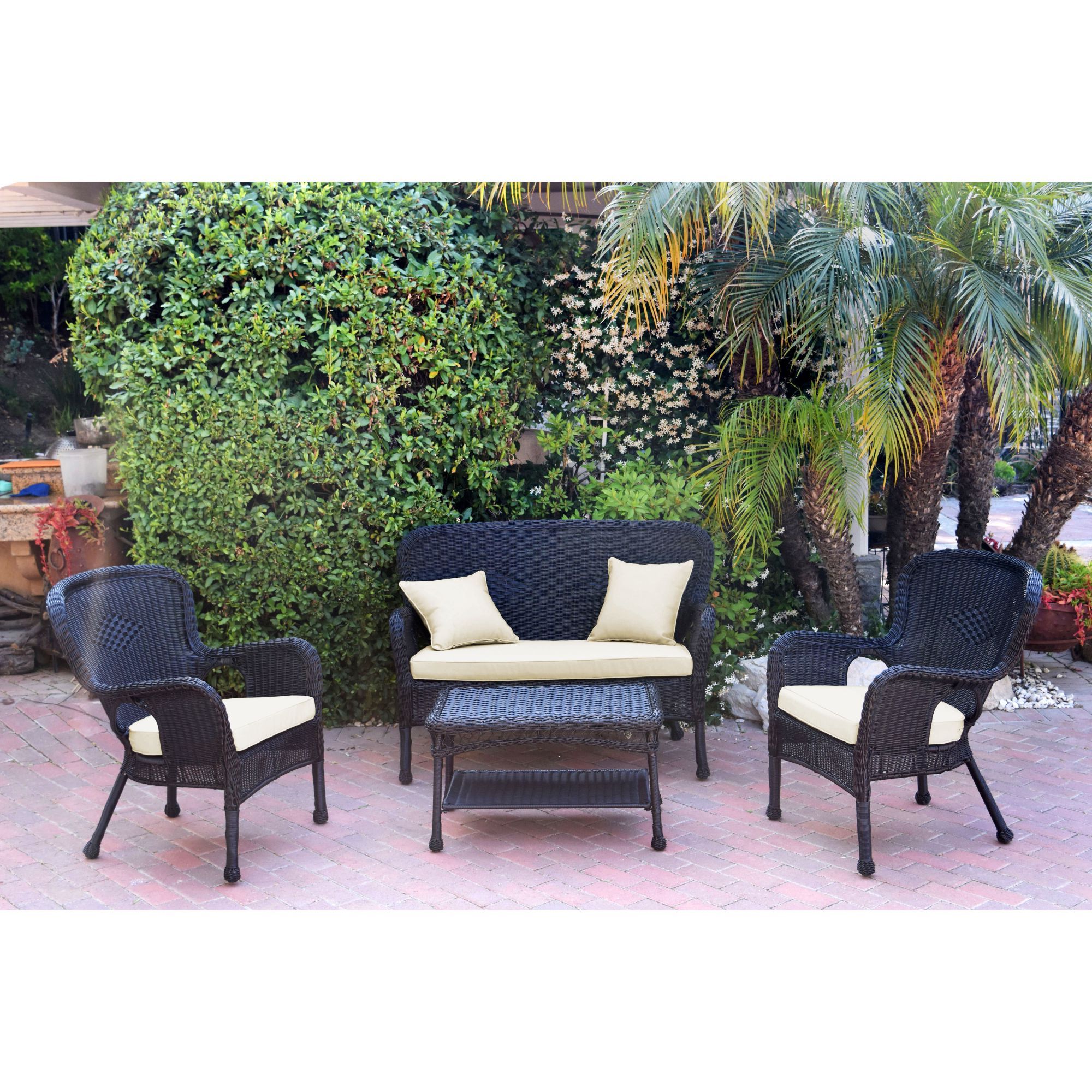Newest 4 Piece Black Wicker Outdoor Furniture Patio Conversation Set – Ivory With Regard To Dark Brown Patio Chairs With Cushions (View 2 of 15)