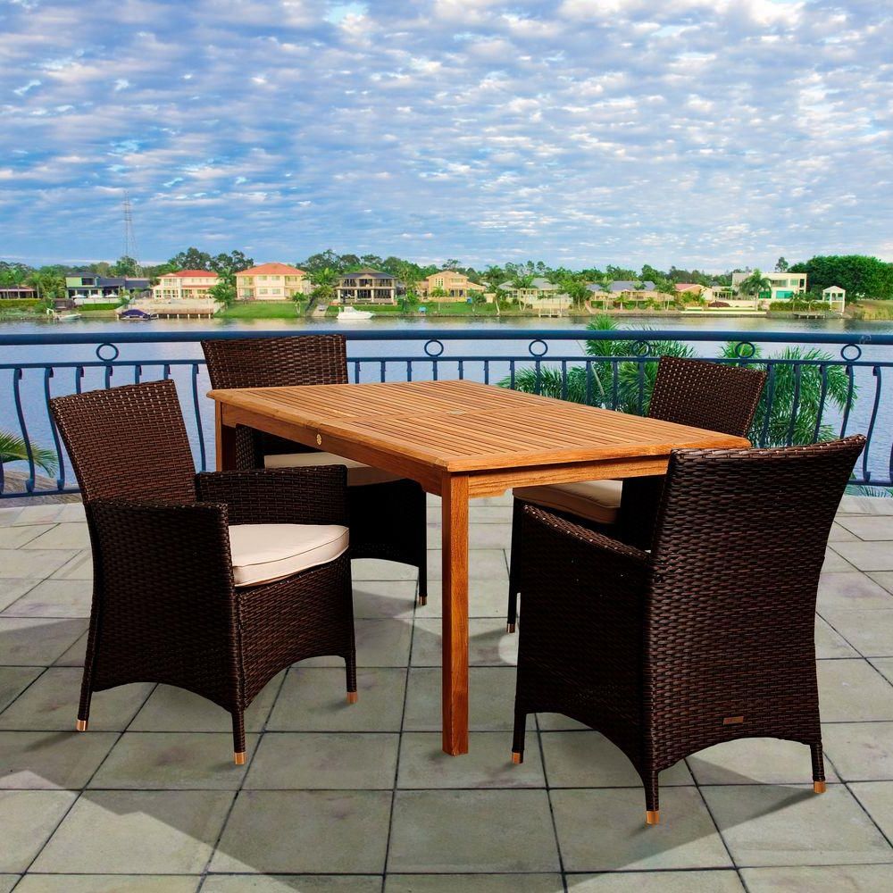 Newest Amazonia Moore 5 Piece Teak Rectangular Patio Dining Set With Off White Within Teak Outdoor Square Dining Sets (View 5 of 15)