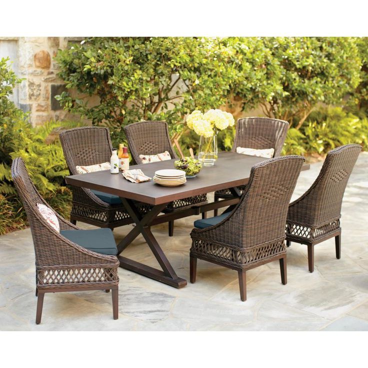 Newest Blue And Brown Wicker Outdoor Patio Sets Pertaining To Hampton Bay Woodbury Dark Brown 7 Piece Wicker Outdoor Patio Dining Set (View 15 of 15)