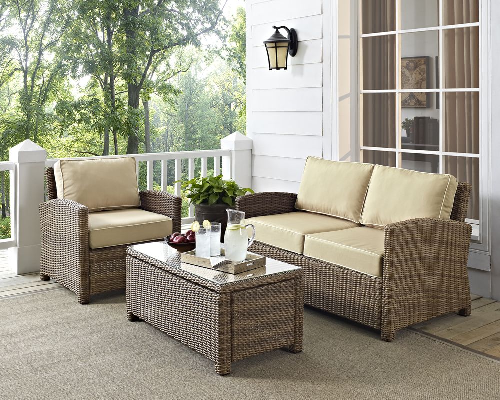 Newest Crosley Furniture – Bradenton 3 Piece Outdoor Wicker Seating Set With Within 3 Piece Outdoor Table And Loveseat Sets (View 1 of 15)