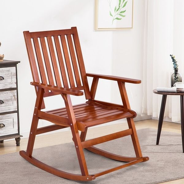 Newest Dark Natural Rocking Chairs Pertaining To Shop Costway Wood Rocking Chair Single Porch Rocker Indoor Outdoor (View 3 of 15)