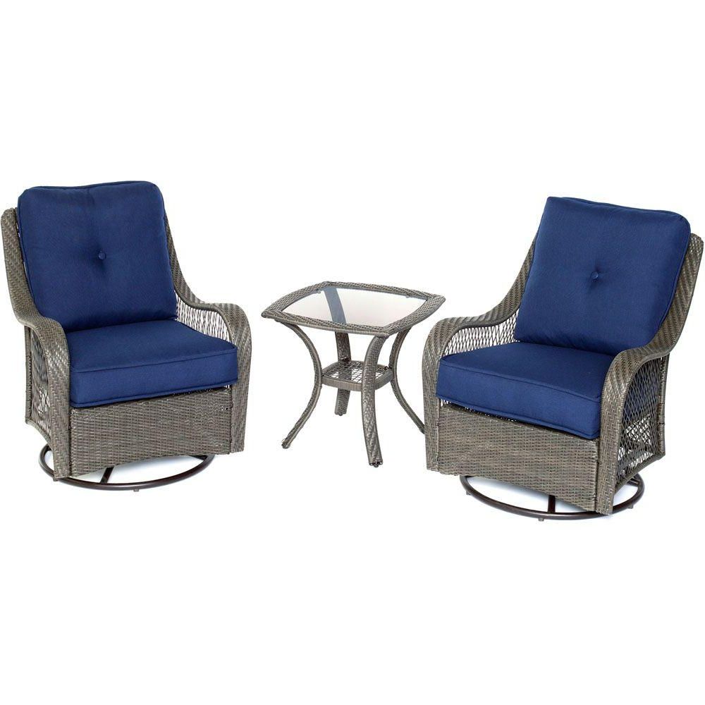 Newest Hanover Orleans Grey 3 Piece All Weather Wicker Patio Swivel Rocking Intended For Blue 3 Piece Outdoor Seating Sets (View 14 of 15)
