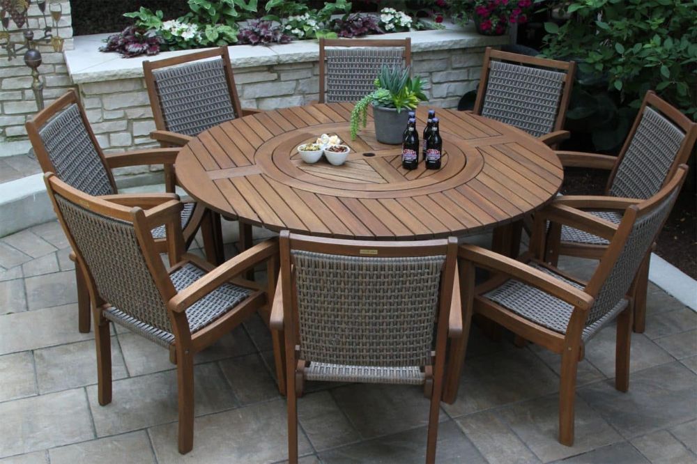 Newest Teak Armchair Round Patio Dining Sets Pertaining To Large Round Eucalyptus Wood 63" Lazy Susan Dining Table (View 14 of 15)