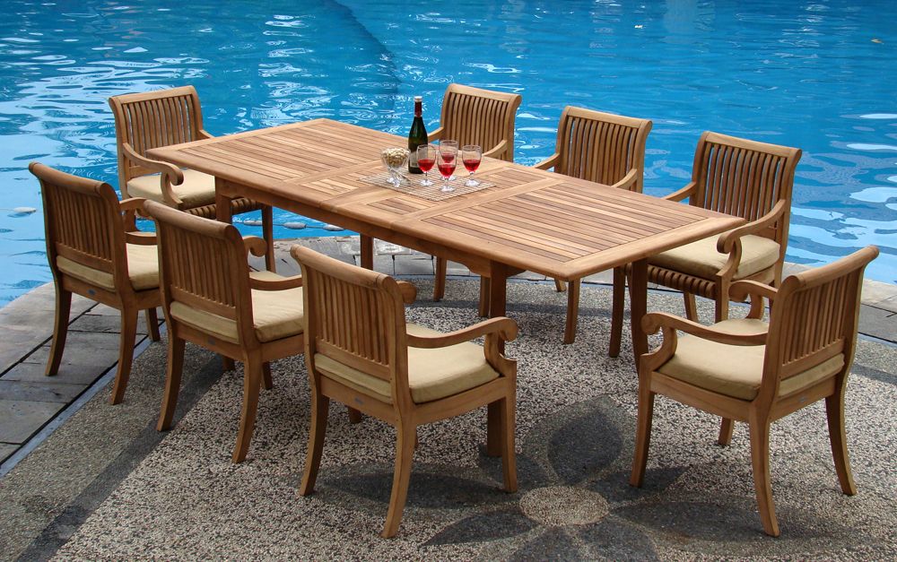 Newest Teak Dining Set:8 Seater 9 Pc – Very Large 122" Caranasas Double Intended For Teak Wood Rectangular Patio Dining Sets (View 12 of 15)