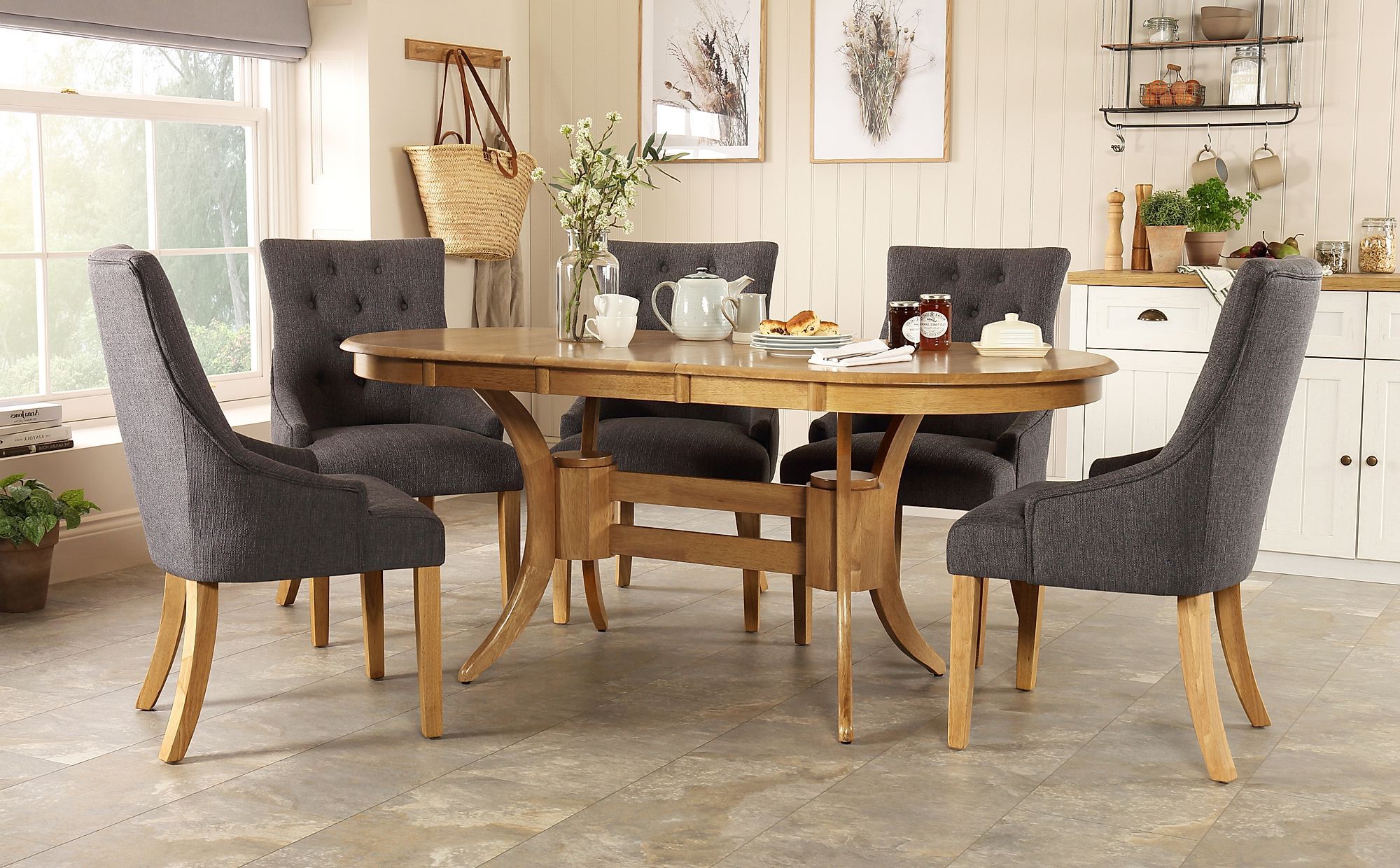 Newest Townhouse Oval Oak Extending Dining Table With 6 Duke Slate Fabric For Extendable Oval Dining Sets (View 4 of 15)